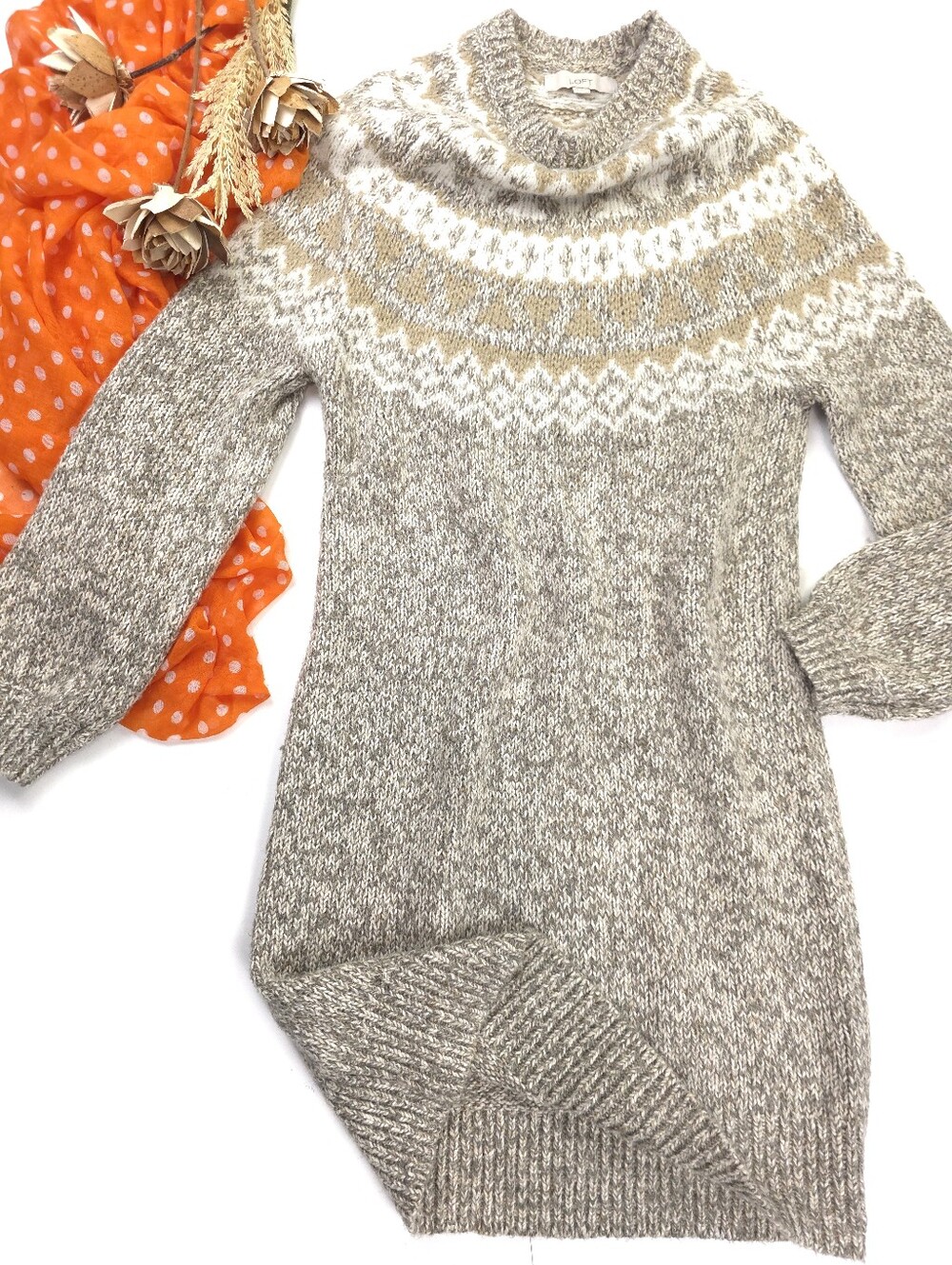 LOFT Taupe & Cream Fair Isle Sweater Dress Sz M